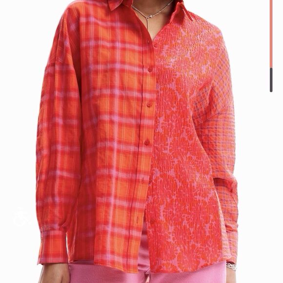 Desigual Patchwork Plaid Shirt Orange Pink Red Womens Small Oversized Button Up - Picture 15 of 15